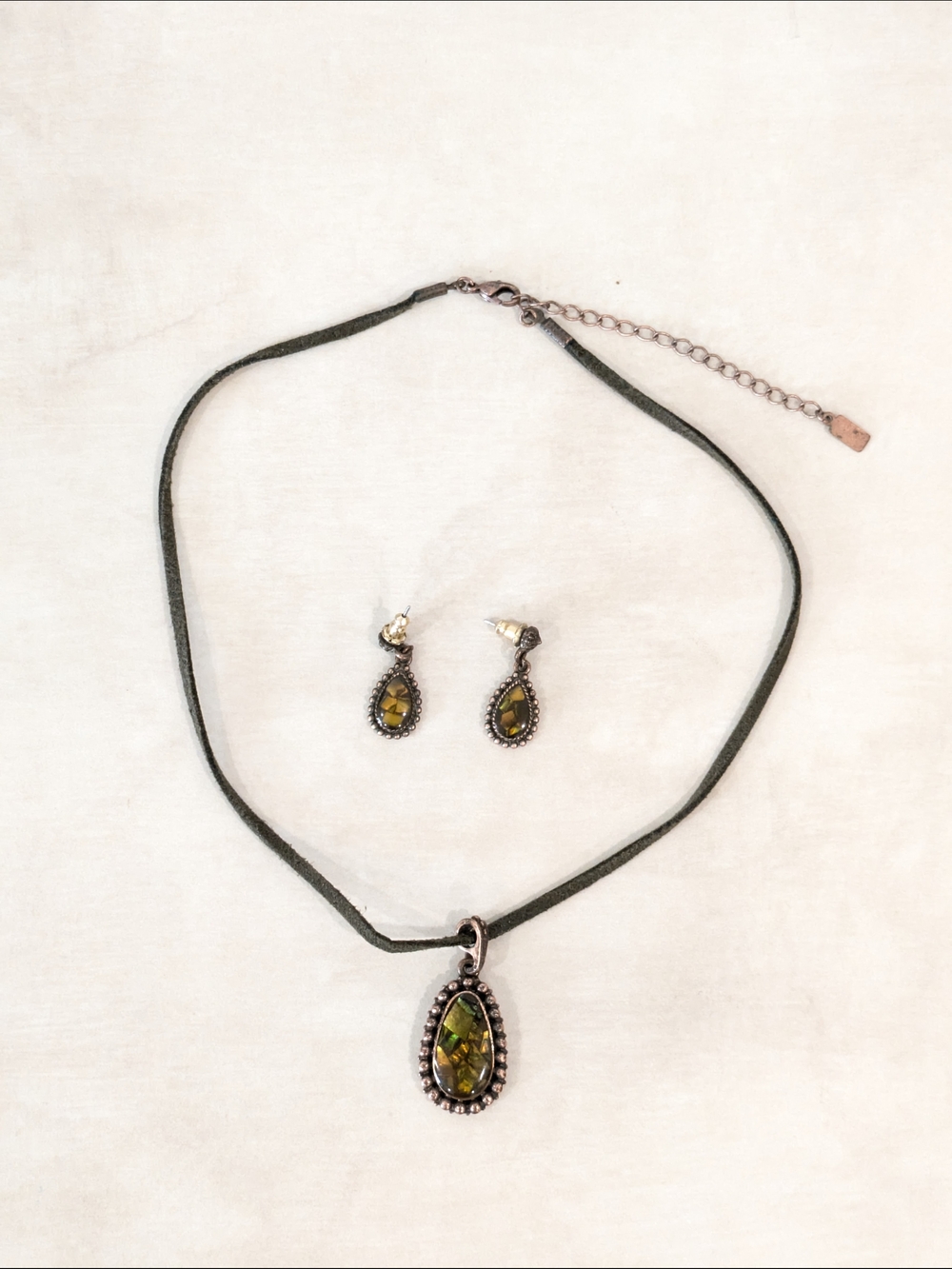 Olive Green Leather Teardrop Necklace and Earrings Set